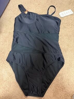 Lands' End Black One-Piece Swimsuit with Diagonal Mesh Panels